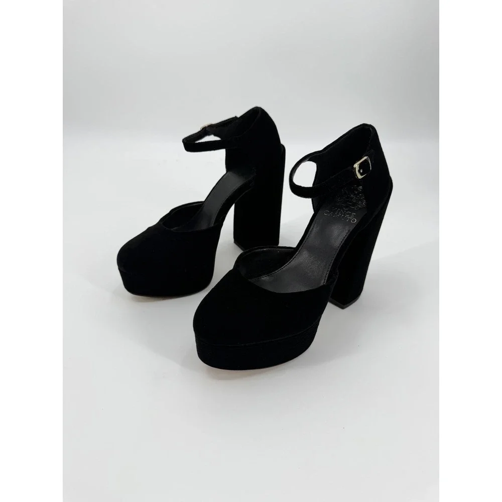 Vince Camuto Black Velvet Platform Heels Ankle Strap Block Heel Pumps Size 6.5M